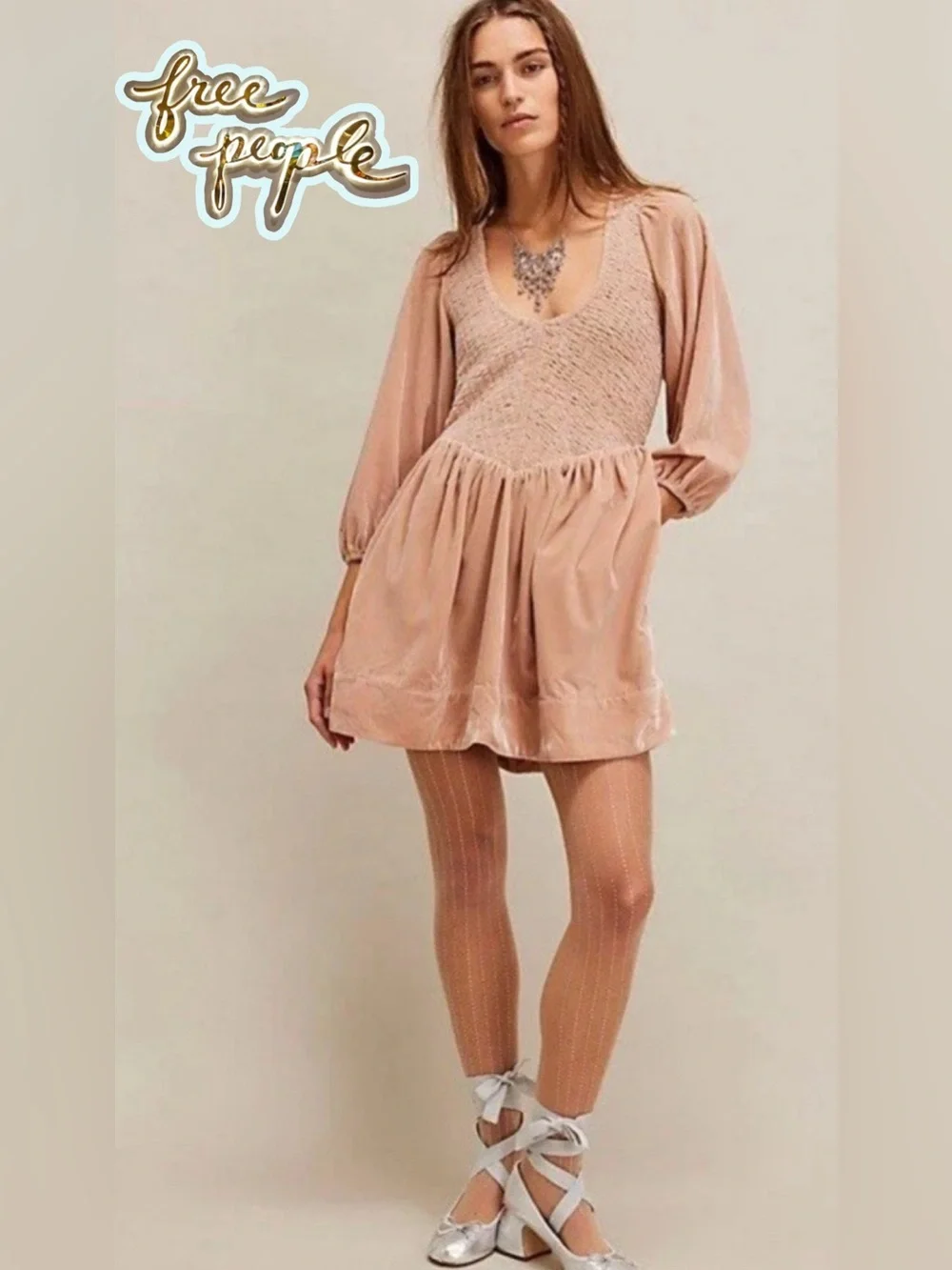NWT Free People Farrier Velvet Smocked Mini Dress Pink/Mauve XS